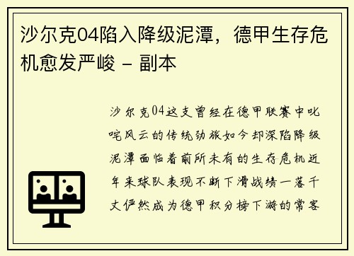 沙尔克04陷入降级泥潭，德甲生存危机愈发严峻 - 副本